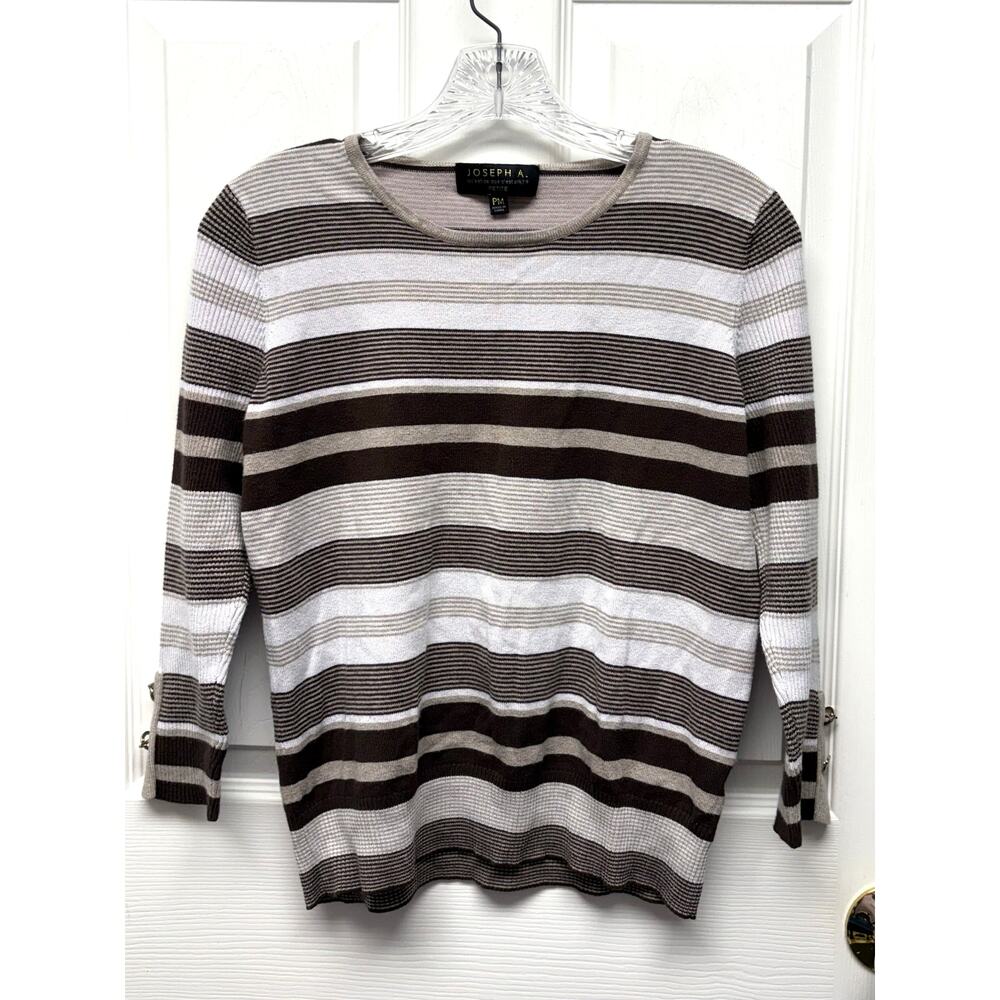 Joseph A Sweater Striped Brown Black White Stripe Crew Neck Pullover Women’s PM